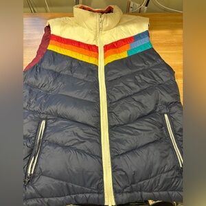 Marine Layer Striped puffer vest Jacket with Red and Yellow Accents, size Large